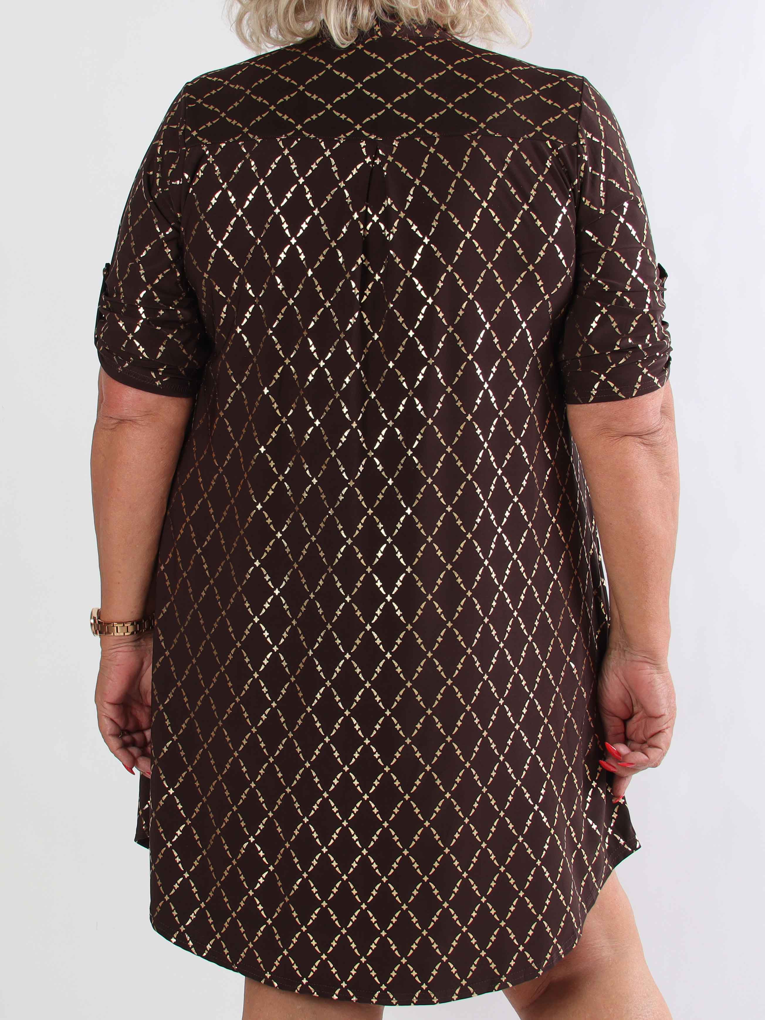 Ebba Gold Check Long - Elastisk plus size kjole med guld detaljer
